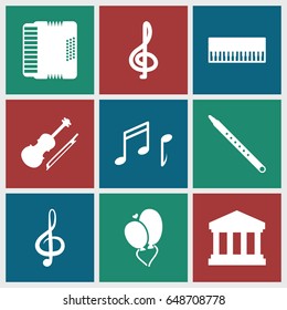 Classical icons set. set of 9 classical filled icons such as heart baloons, treble clef, musical pipe, harmonic, violin, note, court building