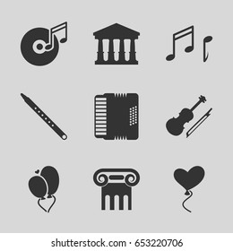 Classical icons set. set of 9 classical filled icons such as court, greek column, heart baloons, musical pipe, harmonic, violin, note