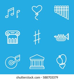 classical icons set. Set of 9 classical outline icons such as Greek column, heart baloons, harmonica, musical sharp, trumpet, note, disc and music note