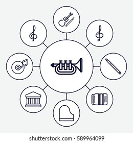 classical icons set. Set of 9 classical outline icons such as treble clef, piano, musical pipe, harmonic, violin, trumpet, disc and music note