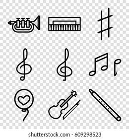 Classical icons set. set of 9 classical outline icons such as heart baloons, treble clef, musical pipe, violin, musical sharp, trumpet, note