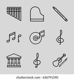 Classical icons set. set of 9 classical outline icons such as court, treble clef, harmonica, piano, musical pipe, violin, note