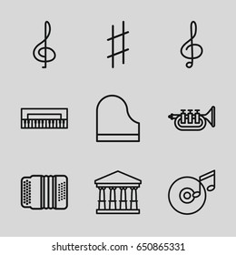 Classical icons set. set of 9 classical outline icons such as court, treble clef, piano, harmonic, musical sharp, trumpet