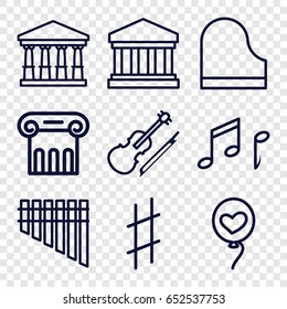 Classical icons set. set of 9 classical outline icons such as court, greek column, heart baloons, harmonica, piano, violin, musical sharp, note