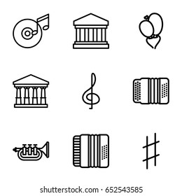 Classical icons set. set of 9 classical outline icons such as court, heart baloons, harmonic, musical sharp, trumpet, disc and music note, court building