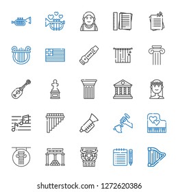 classical icons set. Collection of classical with harp, note, column, temple of apollo, piano, sculpture, trumpet, flute, muse, parthenon. Editable and scalable classical icons.