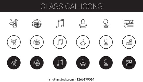 classical icons set. Collection of classical with saxophone, trumpet, musical note, statue, sculpture, note. Editable and scalable classical icons.
