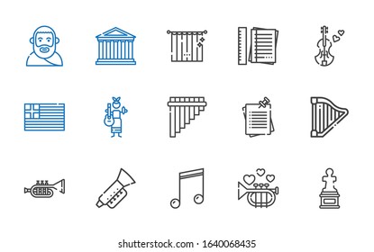 classical icons set. Collection of classical with sculpture, trumpet, musical note, harp, notes, flute, guitar, greece, violin, curtains. Editable and scalable classical icons.