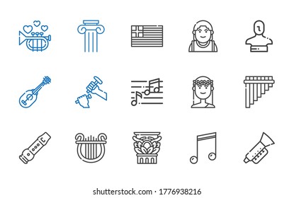 classical icons set. Collection of classical with trumpet, musical note, column, lyre, flute, muse, note, sculpture, ukelele, statue, alexander the great. Editable and scalable classical icons.