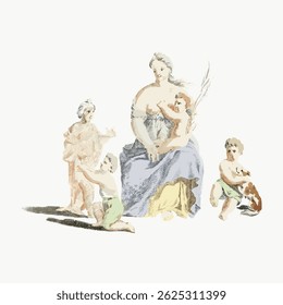 Ilustração clássica de uma mulher sentada com três filhos, evocando uma cena serena e intemporal. A mulher e as crianças são retratadas em cores suaves e silenciosas. Vintage personagem arte ilustração vetor.