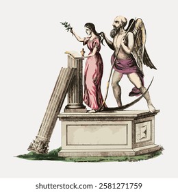 Classical illustration of a winged figure with a scythe and a woman in a pink dress holding a branch, standing on a pedestal with a fallen column. Vintage angel illustration isolated on white, vector.