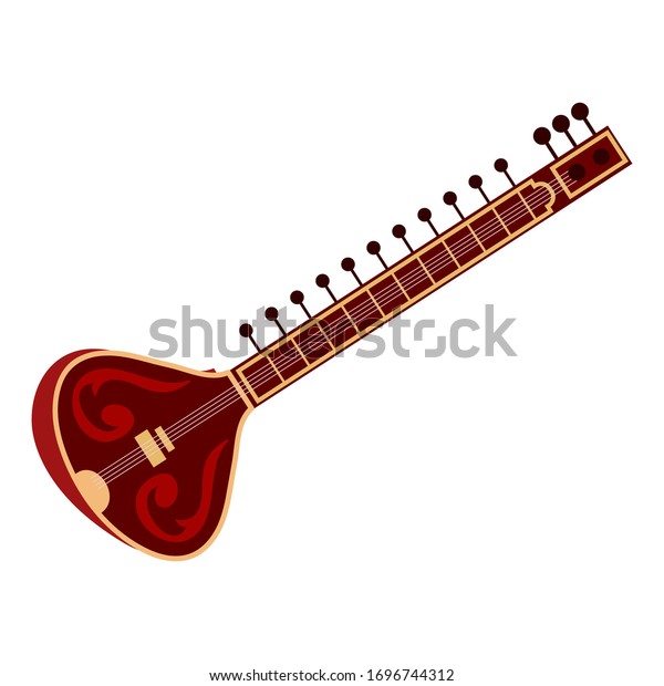 Classical\
indian guitar. Beautiful acoustic sitar. Traditional string music\
instrument isolated on white background. Artistic plucked tool for\
street performance and touristic\
entertainment