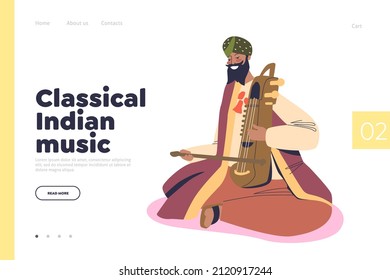 Classical indian music concept of landing page with traditional indian artist musician man in national clothes playing on sarangi. India tradition, art and culture. Cartoon flat vector illustration