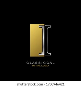 Classical Initial Letter I logo icon, vector design concept rectangle geometric shape with outline letter logo gold and silver color.