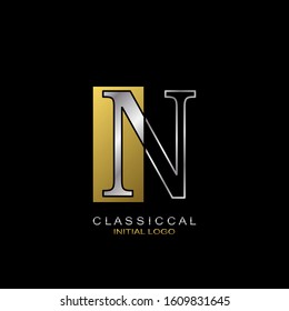 Classical Initial  Letter N logo icon, vector design concept rectangle geometric shape with outline letter logo gold and silver color.