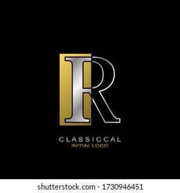 Classical Initial Letter R logo icon, vector design concept rectangle geometric shape with outline letter logo gold and silver color.