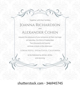 Classical invitation and announcement card. Wedding invitation with damask background