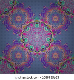 Classical invite sample seamless pattern with lace damask pattern. Laconic wedding card decorated with vector violet and pink ornament. Announcement card in a simple design.