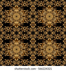 Classical invite sample seamless pattern with lace damask pattern. Laconic wedding card decorated with vector golden ornament on a black background. Announcement card in a simple design.