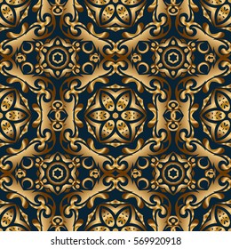Classical invite sample seamless pattern with lace damask pattern. Laconic wedding card decorated with vector golden ornament on a blue background. Announcement card in a simple design.