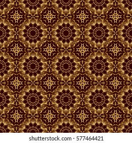 Classical invite sample seamless pattern with lace damask pattern. Laconic wedding card decorated with vector golden ornament on a brown background. Announcement card in a simple design.