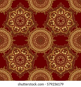 Classical invite sample seamless pattern with lace damask pattern. Laconic wedding card decorated with vector golden ornament on a red background. Announcement card in a simple design.