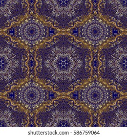 Classical invite sample seamless pattern with lace damask pattern. Laconic wedding card decorated with vector golden ornament on a blue background. Announcement card in a simple design.