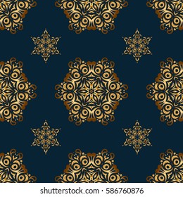 Classical invite sample seamless pattern with lace damask pattern. Laconic wedding card decorated with vector golden ornament on a blue background. Announcement card in a simple design.