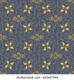 Classical invite sample seamless pattern with lace damask pattern. Laconic wedding card decorated with vector golden ornament on a gray background. Announcement card in a simple design.