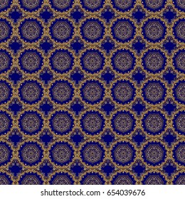 Classical invite sample seamless pattern with lace damask pattern. Laconic wedding card decorated with vector golden ornament on a blue background. Announcement card in a simple design.