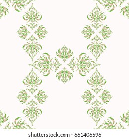 Classical invite sample seamless pattern with lace damask pattern. Laconic wedding card decorated with vector green ornament on a background. Announcement card in a simple design.