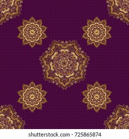 Classical invite sample seamless pattern with lace damask pattern. Laconic wedding card decorated with vector golden ornament on a purple background. Announcement card in a simple design.