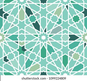 Classical Islamic seamless pattern, Moroccan style geometric tiles, hexagonal grid lines, intricate repeat background for web and print