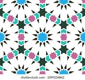 Classical Islamic seamless pattern, Moroccan style geometric tiles, hexagonal grid lines, intricate repeat background for web and print