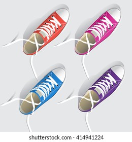 Classical isolated near to realistic orange blue purple and pink sneakers in vector