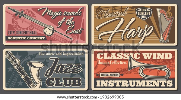 Classical and jazz music concert retro banners.\
Kamancheh and classic harp, bugle, saxophone and shamisen engraved\
vector. Acoustic concert with oriental music instruments, jazz club\
and museum poster