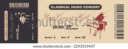 Classical or Jazz Music Concert ticket template with barcode. Piano and music notes graphic design elements. Vector.