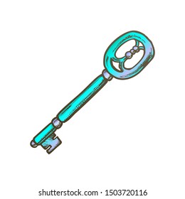 Classical Key Filigree Medieval Color Vector. Unlock Warded Lock Detail Traditional Metallic Skeleton Key. House Security Template Hand Drawn In Vintage Style Illustration