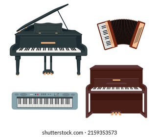 Classical keyboard musical instruments isolated on white background. Set of Classical and Grand piano, electric piano and accordion icons. Vector illustration in flat or cartoon style.