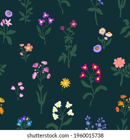 Classical liberty print on dark background. Seamless vector pattern in repeat. Vintage print with small inflorescences. Retro textile design collection.