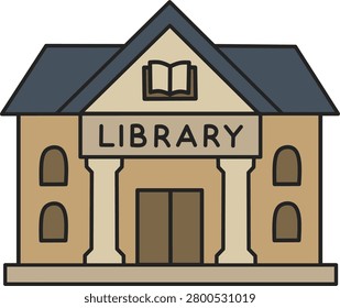 Classical library building with columns and an open book sign, a symbol of a public library, books, reading, knowledge and education