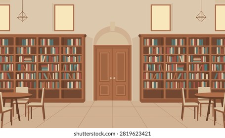 Classical library interior featuring tall wooden bookshelves filled with books, reading tables, and comfortable chairs.