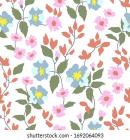 Classical light ditsy fabric. Trendy fabric pattern with small flowers. Botanical seamless print with different floral elements. Vintage textile collection.