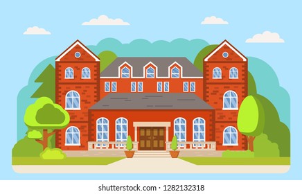 Classical lock suburban american house.Family home.Home facade.Country mansion.Vector flat illustration.