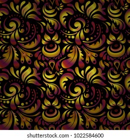 Classical luxury damask ornament, royal victorian seamless texture for fabric or textile. Exquisite floral baroque template. Vector damask seamless pattern element in red, black and yellow colors.