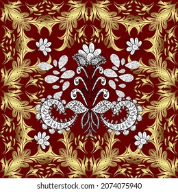 Klassische luxuriöse Damast-Ornament, königliche viktorianische nahtlose Textur für Tapeten, Textilien, Umhüllung. Vektor-süßer, nahtloser Musterhintergrund. Vektorgrafik. Illustration in den Farben Rot und Gelb.