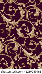 Classical luxury old fashioned classic ornament, royal victorian seamless texture for wallpapers, textile, wrapping. Exquisite floral baroque template. Gold pattern on burgundy background.