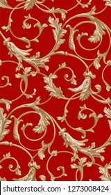 Classical luxury old fashioned classic ornament, royal victorian seamless texture for wallpapers, textile, wrapping. Exquisite floral baroque template. Gold pattern on red background.