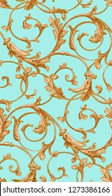 Classical luxury old fashioned classic ornament, royal victorian seamless texture for wallpapers, textile, wrapping. Exquisite floral baroque template. Gold pattern on light blue background.