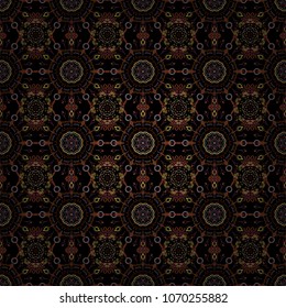 Classical luxury old fashioned damask ornament, royal victorian seamless texture for fabric, textile, wrapping. Exquisite baroque template in brown and yellow colors. Vector damask seamless pattern.